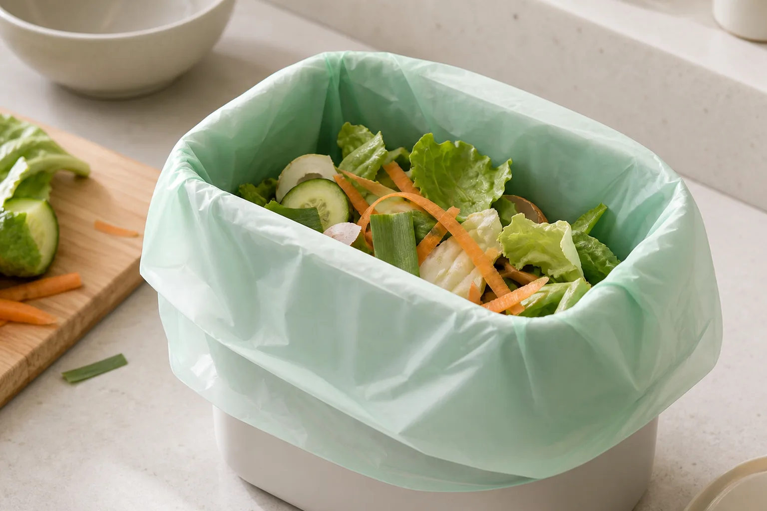 Pale green liner inside a kitchen food-scrap caddy