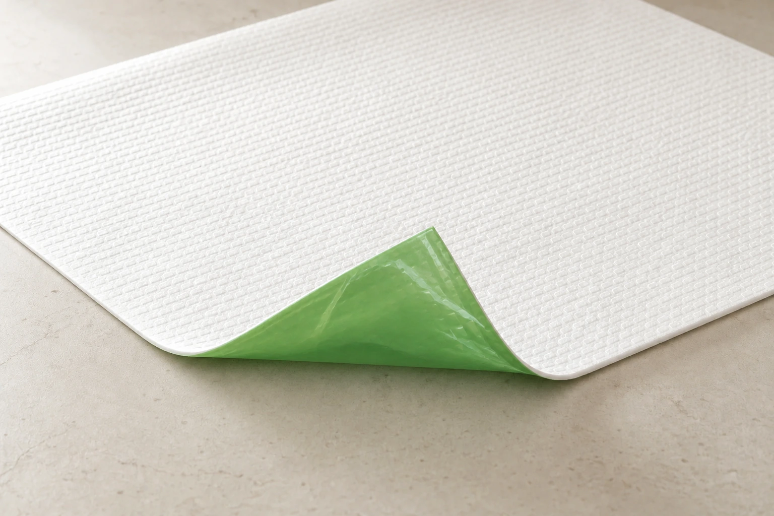 White multi-purpose mat with its corner lifted to show the green film backing