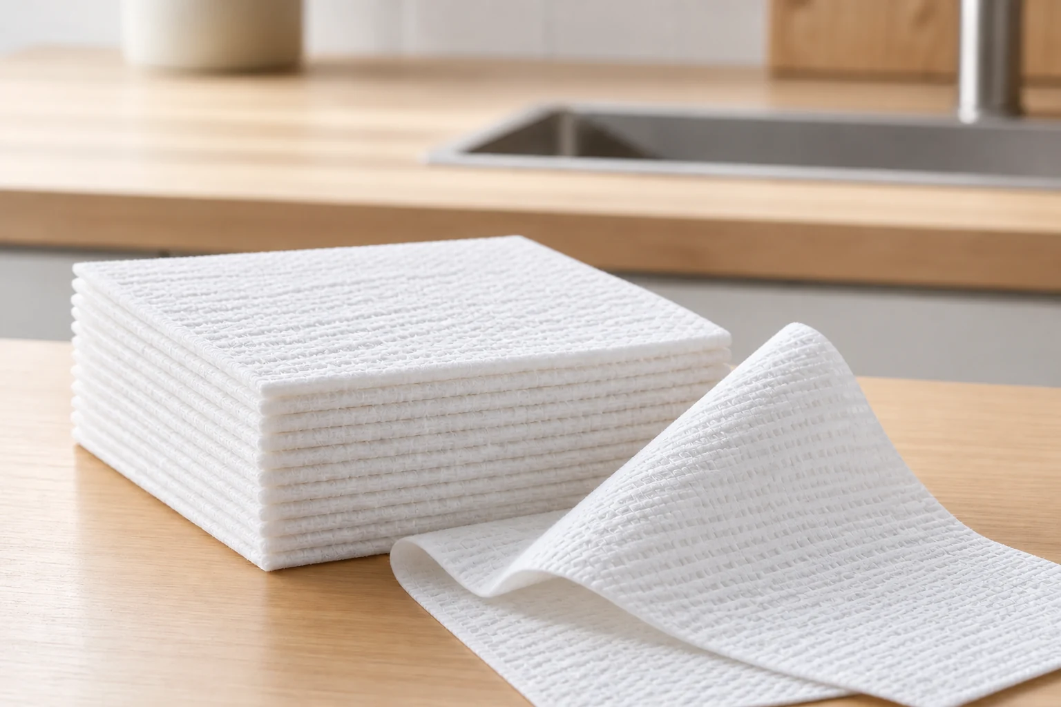 Stacked white EF-pattern kitchen towels with an unfolded edge