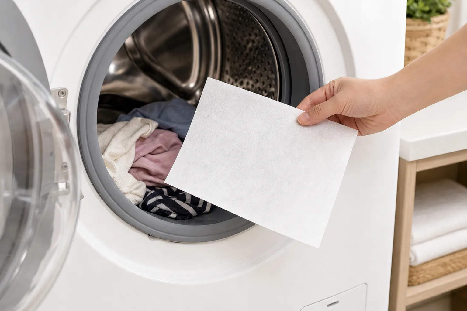 A hand placing a white laundry sheet into a washing machine