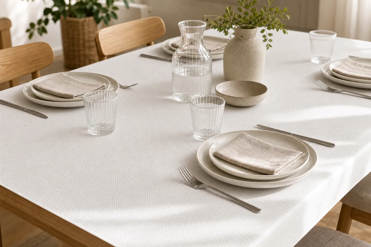 A dining table laid with a white table cover and place settings